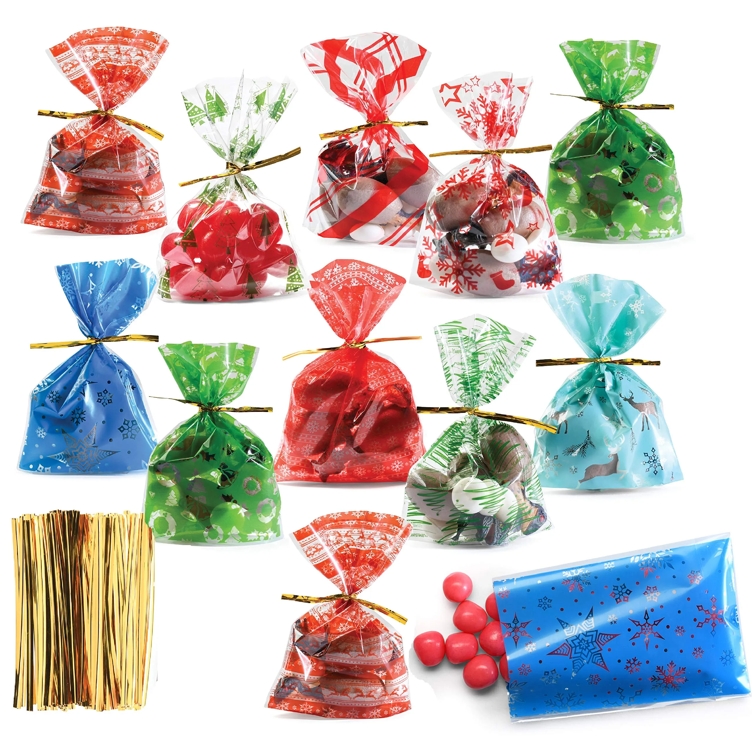Christmas Themed Cellophane Bags With Gold Ties (200 Pack) - Bulk Pack Of 200