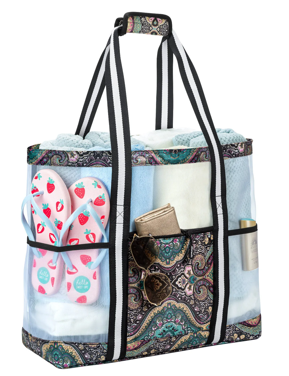 Mesh Beach Bag for Women -Extra Large Beach Tote Bag with 5 Oversized Pockets Grocery Tote Travel Bag with Top Zipper